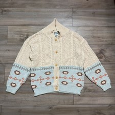 Vintage 80s Cardigan Sweater Women Cream Color Pattern Wood Buttons Pockets