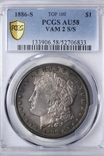 1886-S VAM 2 S/S Morgan Silver Dollar PCGS AU58 Toned WINBY