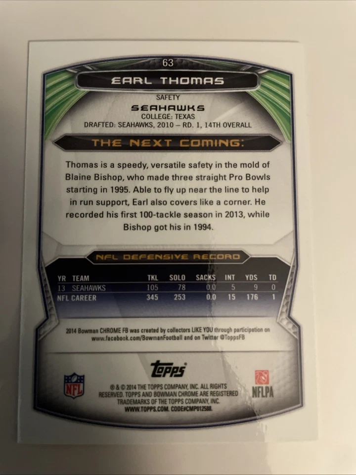 2014 Bowman Chrome Earl Thomas III #63 Refractor - Image 2 of 2