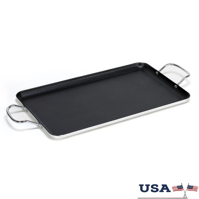 Double Burner Griddle Nonstick Aluminum Cooking Surface W/ Easy Grip Handles New