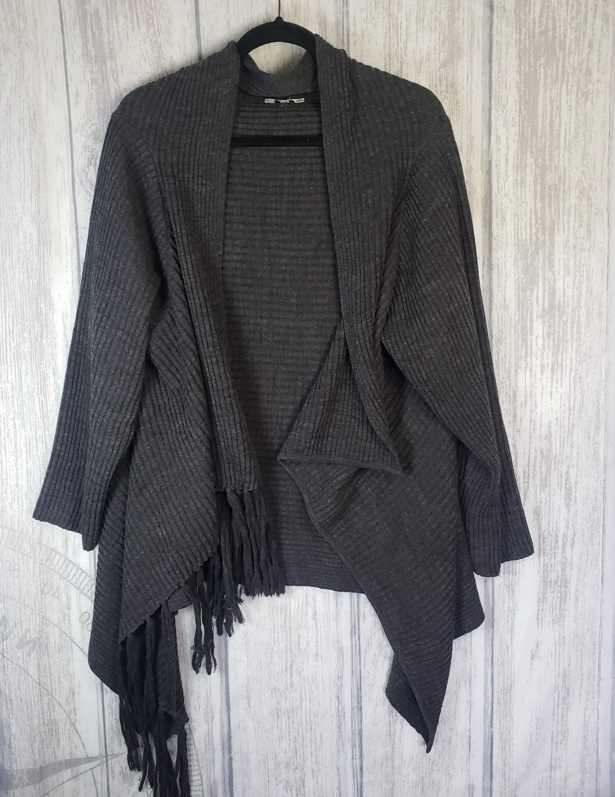 gray fringed open-front poncho Shawl cardigan sweater merino wool blend One Size