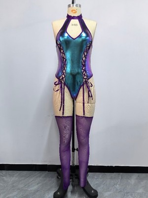 NEUESTES DESIGN lila Kunstleder Wetlook Schnür Body mit Strumpf Gr.14