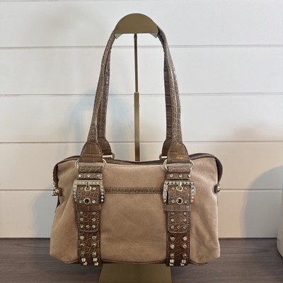 Kathy Van Zeeland Tan Faux Suede Croc Trim Rhinestone Buckle Satchel Bag Heart