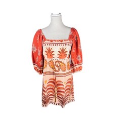 FARM Rio Morocco Square Neck Mini Dress Linen Blend Puff Sleeve Anthropologie S