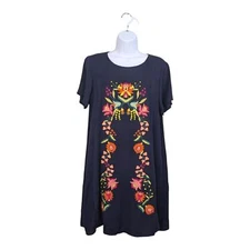 Davi & Dani Navy Blue Floral Embroidery Dress Knee Length Short Sleeve Pockets L
