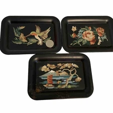 ToleWare Tray Metal Black Mini Vanity Set Of 3 7” Bird Oriental Floral Vintage