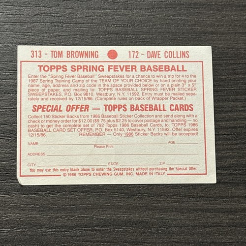 1986 Topps Stickers Baseball Tom Browning #313 Dave Collins #172 Reds A's - Picture 2 of 2
