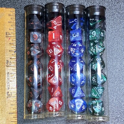 Lot of 4 Sets of 7 Koplow VTG 10mm Polyhedral Dice red green blue black mini