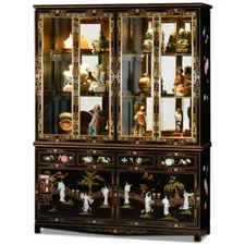 US Seller - Black Lacquer Oriental China Cabinet with Mother of Pearl Maidens