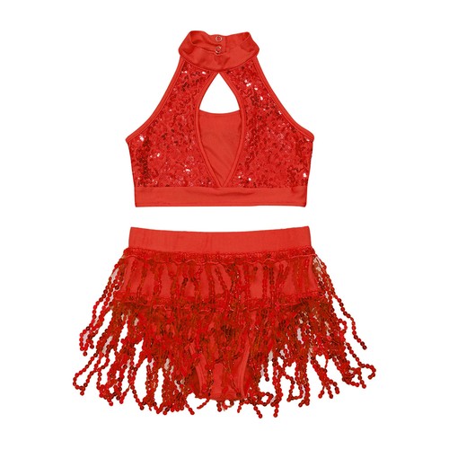 AU Girls Sequins Crop Top with Fringe Shorts Modern Jazz Latin Samba Dancewear - Picture 26 of 120