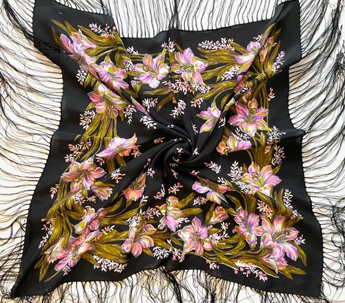 ๐บ Vintage FLORAL Silk Scarf - 34" Black Pink Green Crepe Pure FRINGED Folk ART