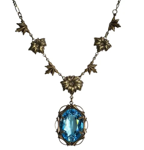 Vintage SADIE GREEN Brass Tone Blue Crystal? Glass Floral Necklace Signed RARE