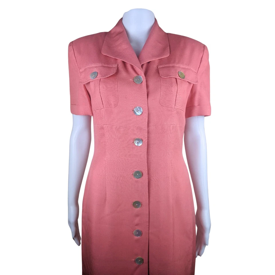 Синтия Хоуи средний размер 8 винтажный коралловый розовый 100% шелк макси платье на пуговицах - Изображение 2 из 4