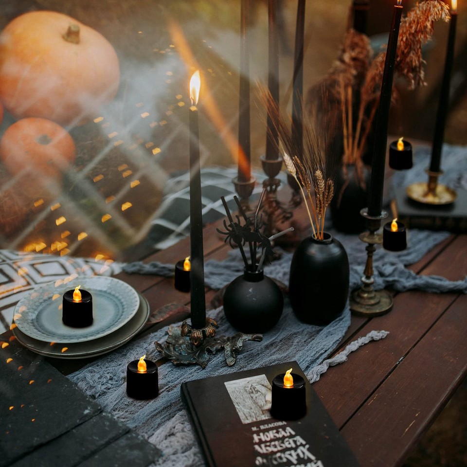 24 Pack Black Tea Lights Candles Flickering Warm Yellow Lights