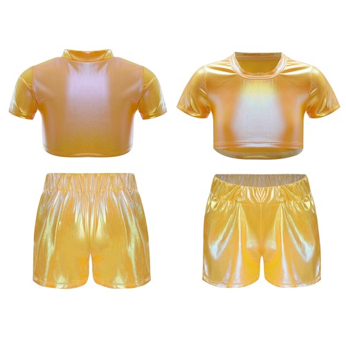 Kids Girls Top And Shorts Shiny Dance Outfit Performance Jazz Activewear Stage - Picture 20 of 67