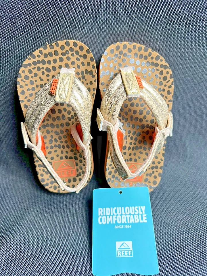 Reef Little Ahi Wild Gold Black Dot & Coral Thong Sandals Flip Flops Size 5 - Image 3 of 4