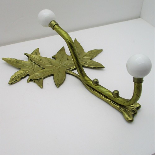 Large Brass Coat Hook White Finials Single Stud Leaves Nature - Picture 6 of 6