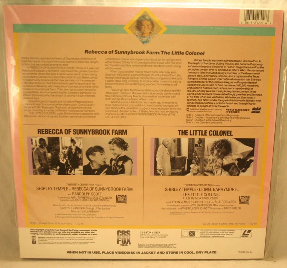 Laserdisc l * Rebecca of Sunnybrook Farm/The Little Colonel * Shirley Temple Foto 2 de 2