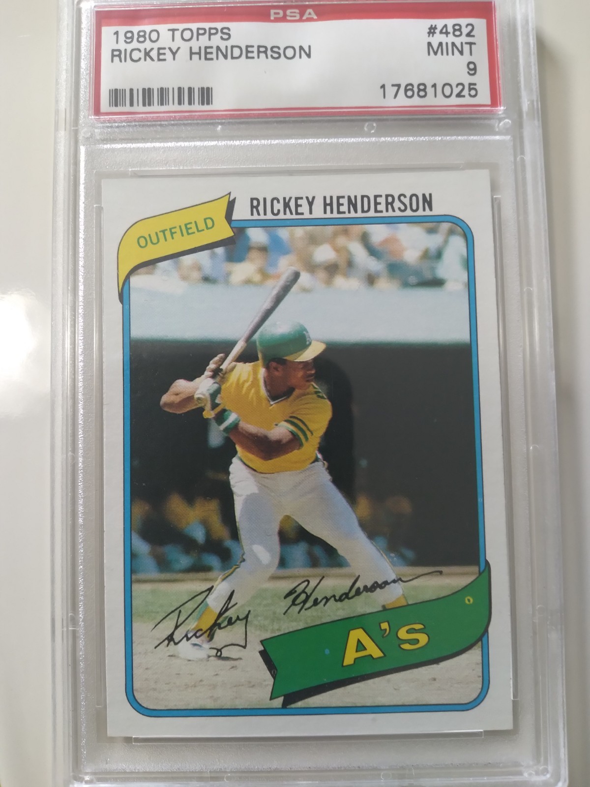 1980 Topps Rickey Henderson #482 (RC) PSA 9. Almost Perfect Centering