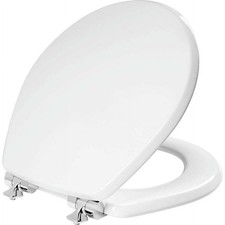 Round Enameled Wood Toilet Seat in White Never Loosens  Soft Close
