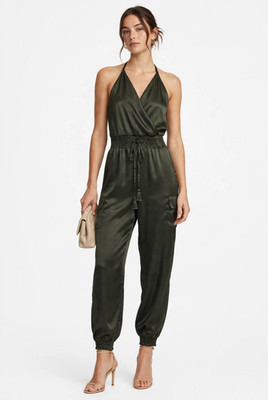 Almost Famous Green Satin Sleeveless Halter Jogger Jumpsuit Pockets M