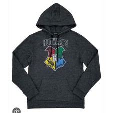 Harry Potter Women Large Hoodie Charcoal Hogwarts Crest Graphic Sweatshirt Marl