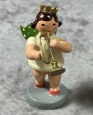 Vintage Mini German Erzgebirge Wooden Angel Playing Trumpet Hubrig Volkskunst!