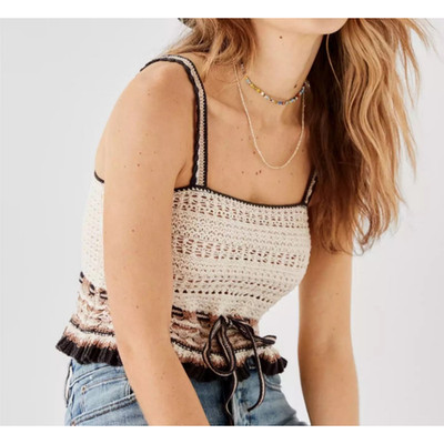 AEO American Eagle Womens XS Crochet Tank Top Cream Tan Boho Festival Front Tie