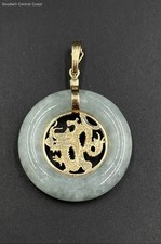 14K Gold Marked Asian Style Pendant W/ Jade, Dragon Design Center