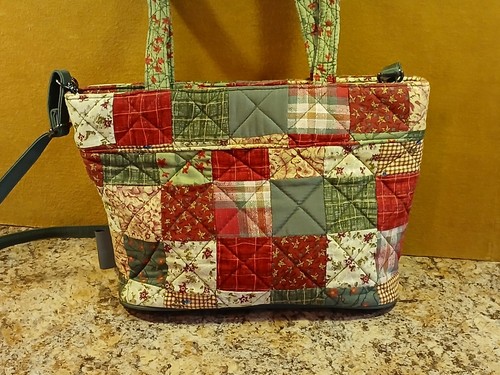 Longaberger Quilt Stoff Handtasche grün-rot Baumwolle Patchwork 12" Bx8" H Doppelgriff - Bild 10 von 18