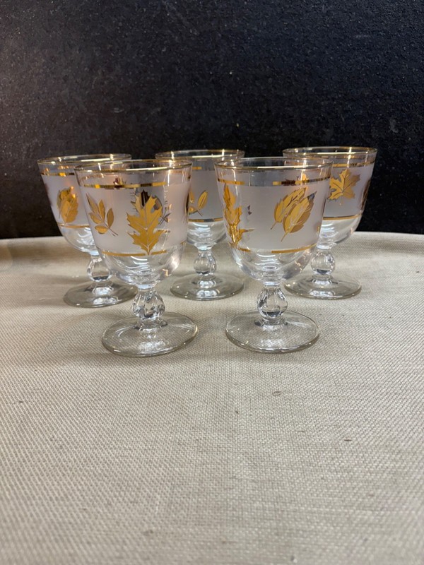 Libby Frosted Golden Leaf pattern Water Goblets set of 5 vintage MCM