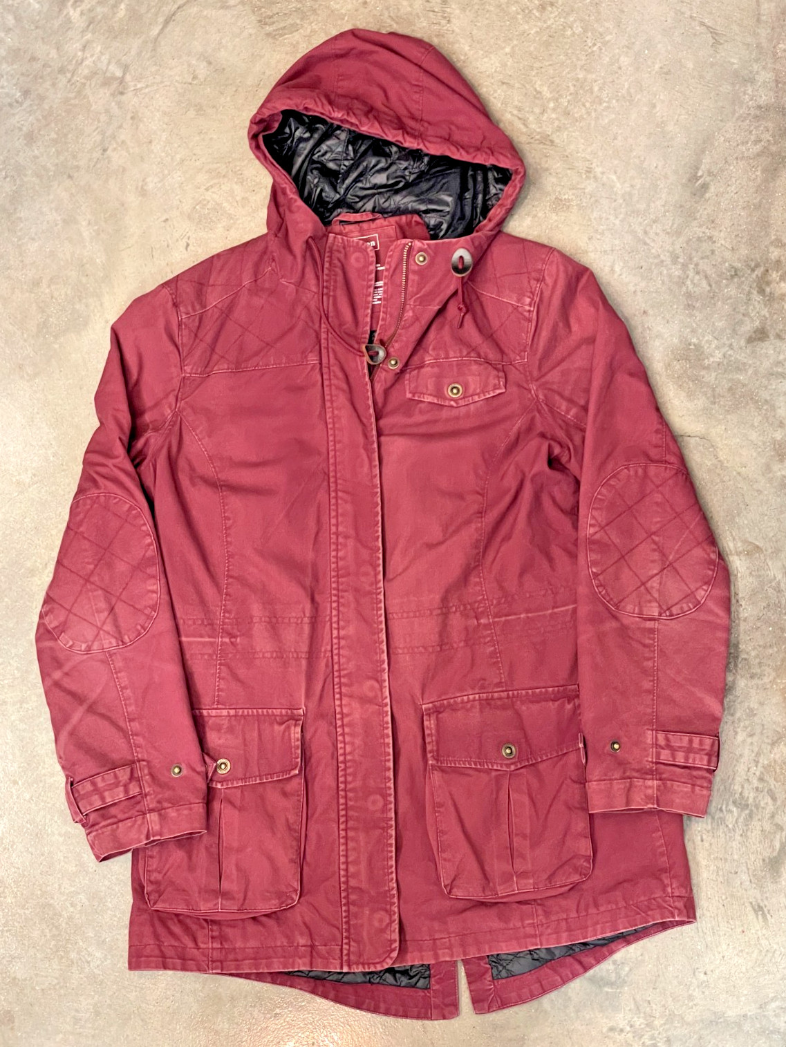 L.L.Bean Field Jacket Womens M Burgundy Hooded Utility Coat Quilted Elbows