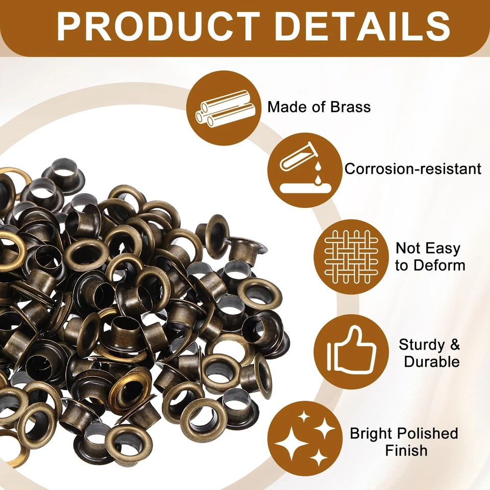 100 juegos de ojales ojales, ojales de latón de 4 mm con respaldo automático, bronce Foto 3 de 4