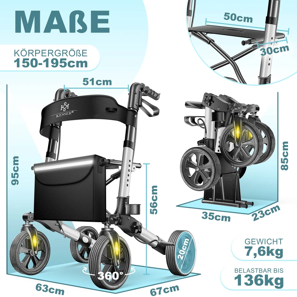 KESSER Alu Rollator klappbar Leichtgewichtsrollator Laufhilfe Gehhilfe Gehwagen - Bild 2 von 4