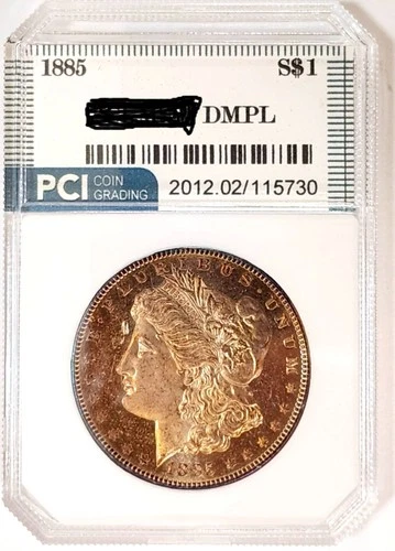 1885 Gem BU +++ DMPL Cameo Morgan Dollar Golden Rainbow Toned Obverse