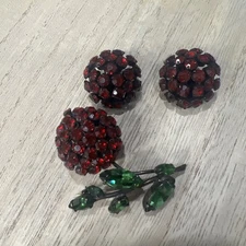 Vintage Signed Schreiner Red Berry w Grn Leaves Brooch & Warner Earrings