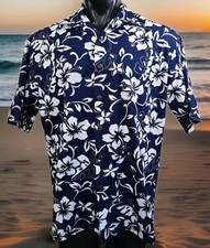 Hilo Hattie Blue Hawaiian Hibiscus Cotton S/S Button Up Shirt Men's Sz L