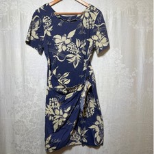 Hilo Hattie Dress Medium Blue Cream Floral Pineapple Print Made in Hawaii Sarong