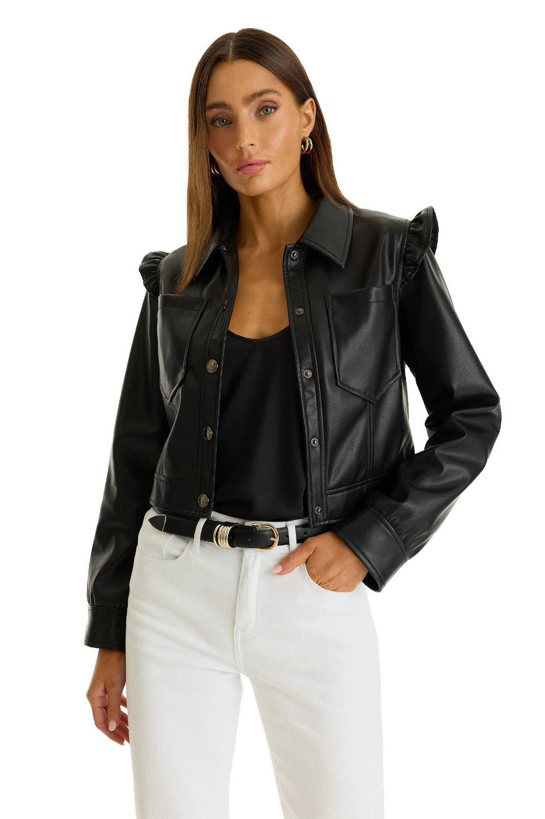 Chantal Ruffle Sleeve Leather Jacket Black THE NOLI SHOP