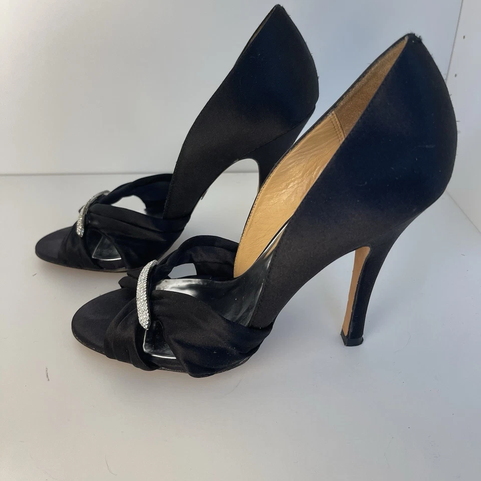 BADGLEY MISCHKA Black crystal embellished Platform Pumps Heels Peep Toes 7M Vtg - Image 4 of 4