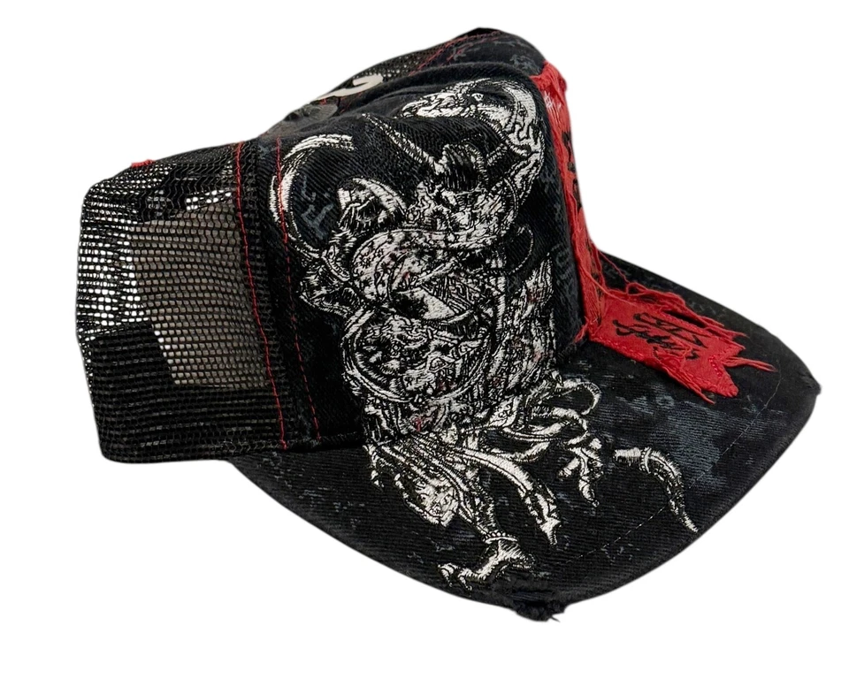 Gorra de camionero Affliction negra y roja asiática vikinga bordada ala de cuero nueva con etiquetas Foto 2 de 4