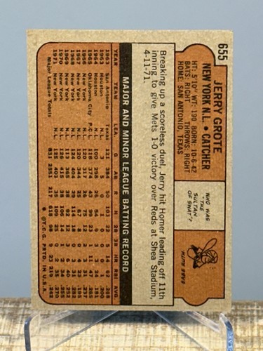 1972 Topps Semi High Number #655 Jerry Grote New York Mets - Picture 2 of 3