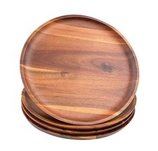 Acacia Wood Dinner Plates, 11Inch Round Wood Plates Set of 4, Easy 11inch
