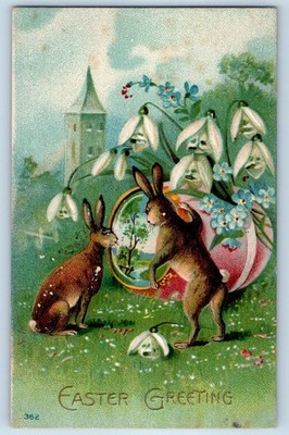 c1910's Easter Greeting Bunnies Rabbit And Flowers Fantasy Embossed Postcard