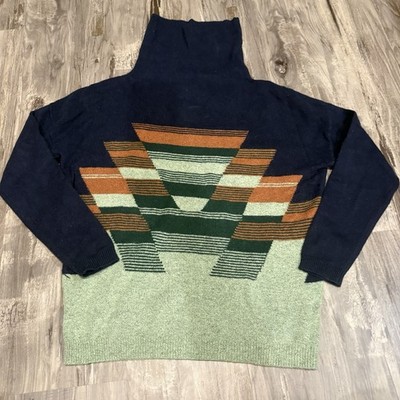 prAna Frosted Pine Sol Protect Turtleneck Navy Blue Green Geometric SZ Small