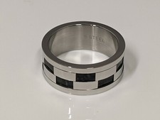 Chequered Patterned Silver 10mm Stainless Steel Wedding Band Ring  