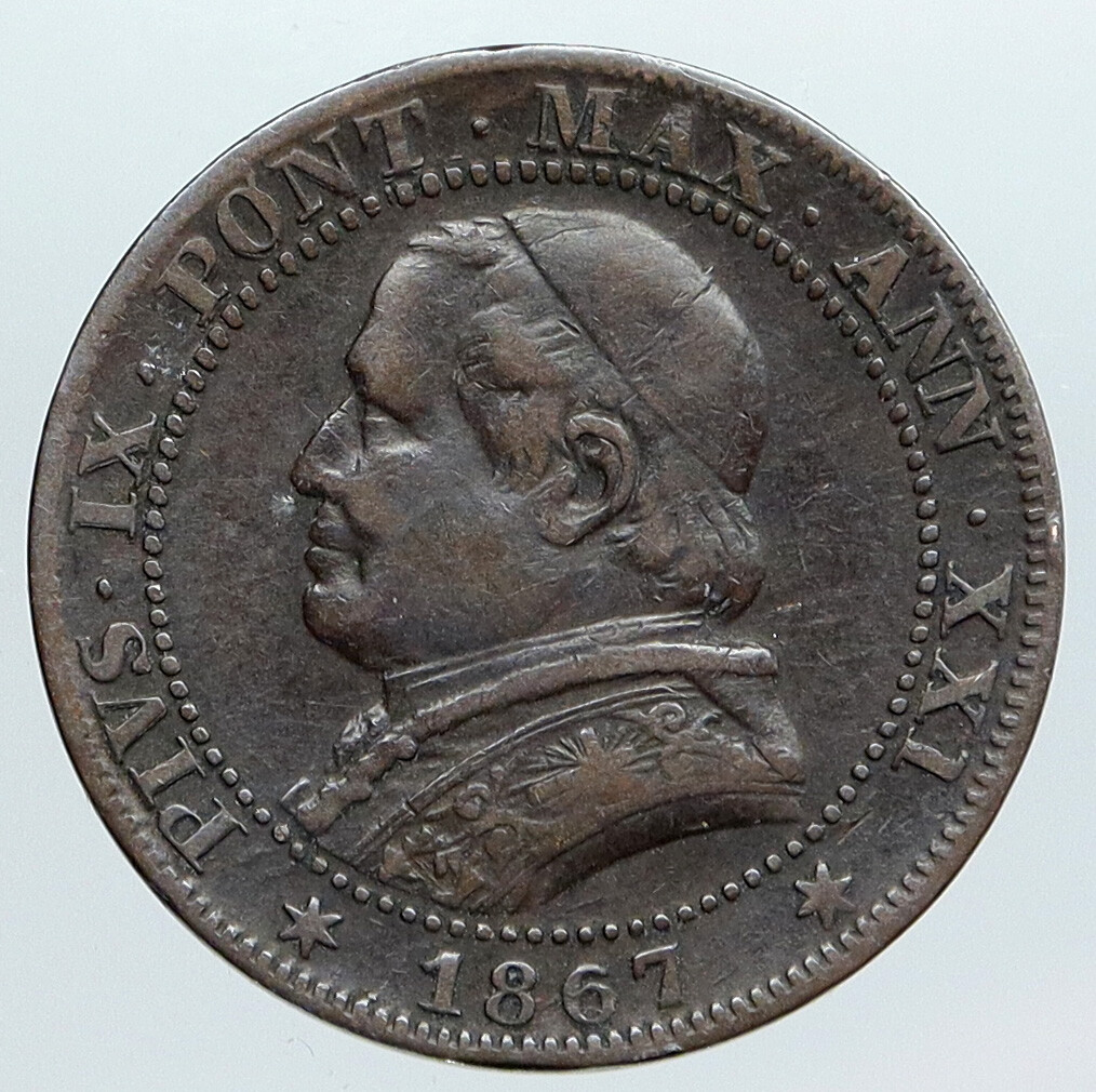 1867 ITALY PAPAL STATES w Pope Pius IX Soldo 5 Cent Antique