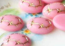 Vintage Cabochons Pressed Glass Pink Oval 10x8mm Etched Gold Art Deco NOS 1191