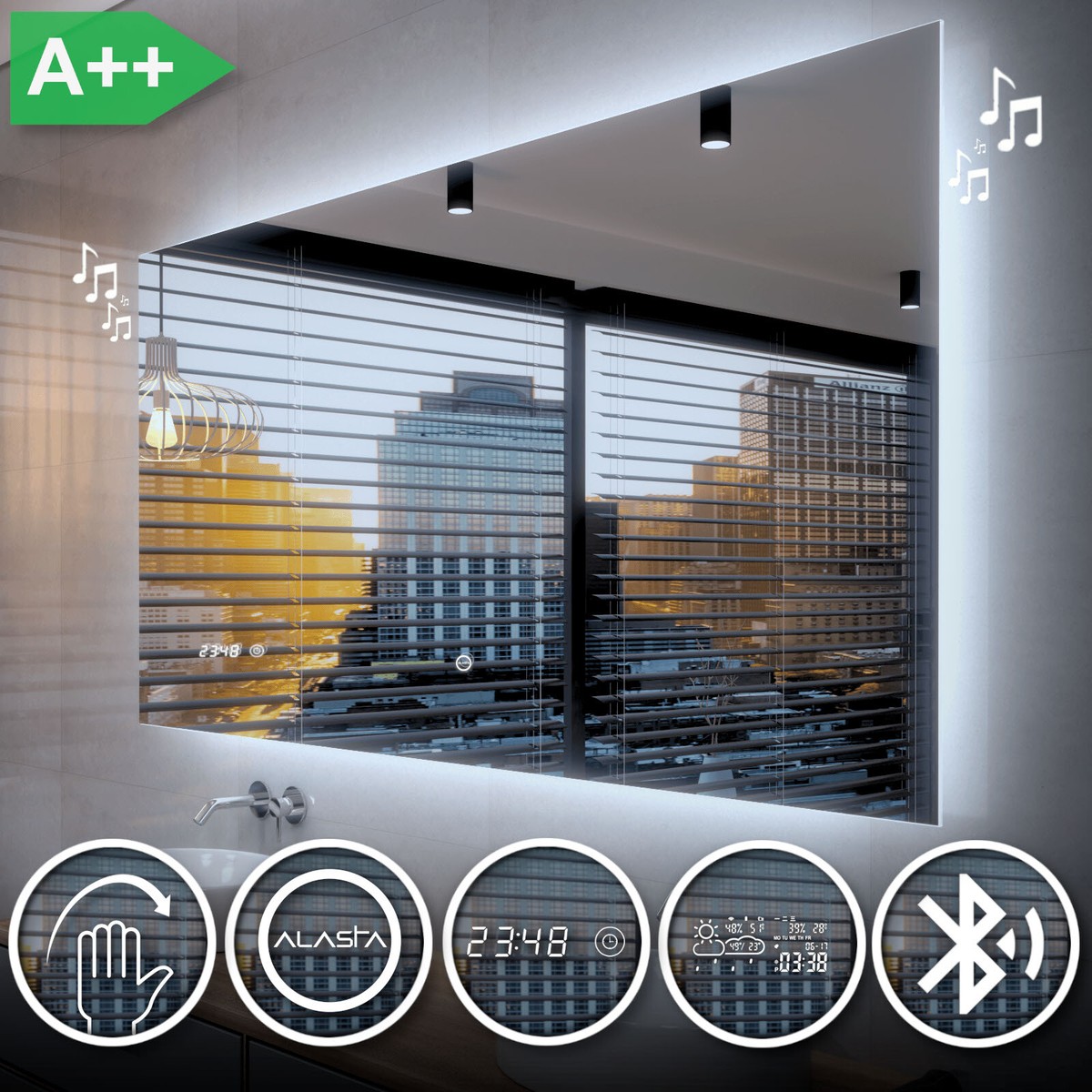 Miroir De Salle De Bain Lumineux LED BRASIL Avec Bluetooth, Météo Et Interrupteur - Moderne Argenté