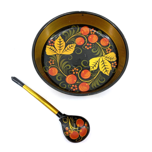 Vintage Russian Wood Bowl and Spoon Lacquer Red Cherries Folk Art 5"